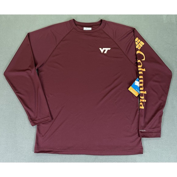 Virginia Tech Hokies Columbia PFG Shirt Medium Red Performance Omni Shade New - Picture 1 of 9